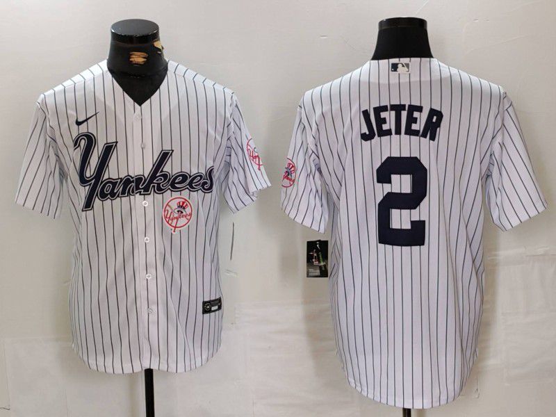 Men New York Yankees #2 Jeter White stripe Three generations of joint names Nike 2024 MLB Jersey style 3->new york yankees->MLB Jersey
